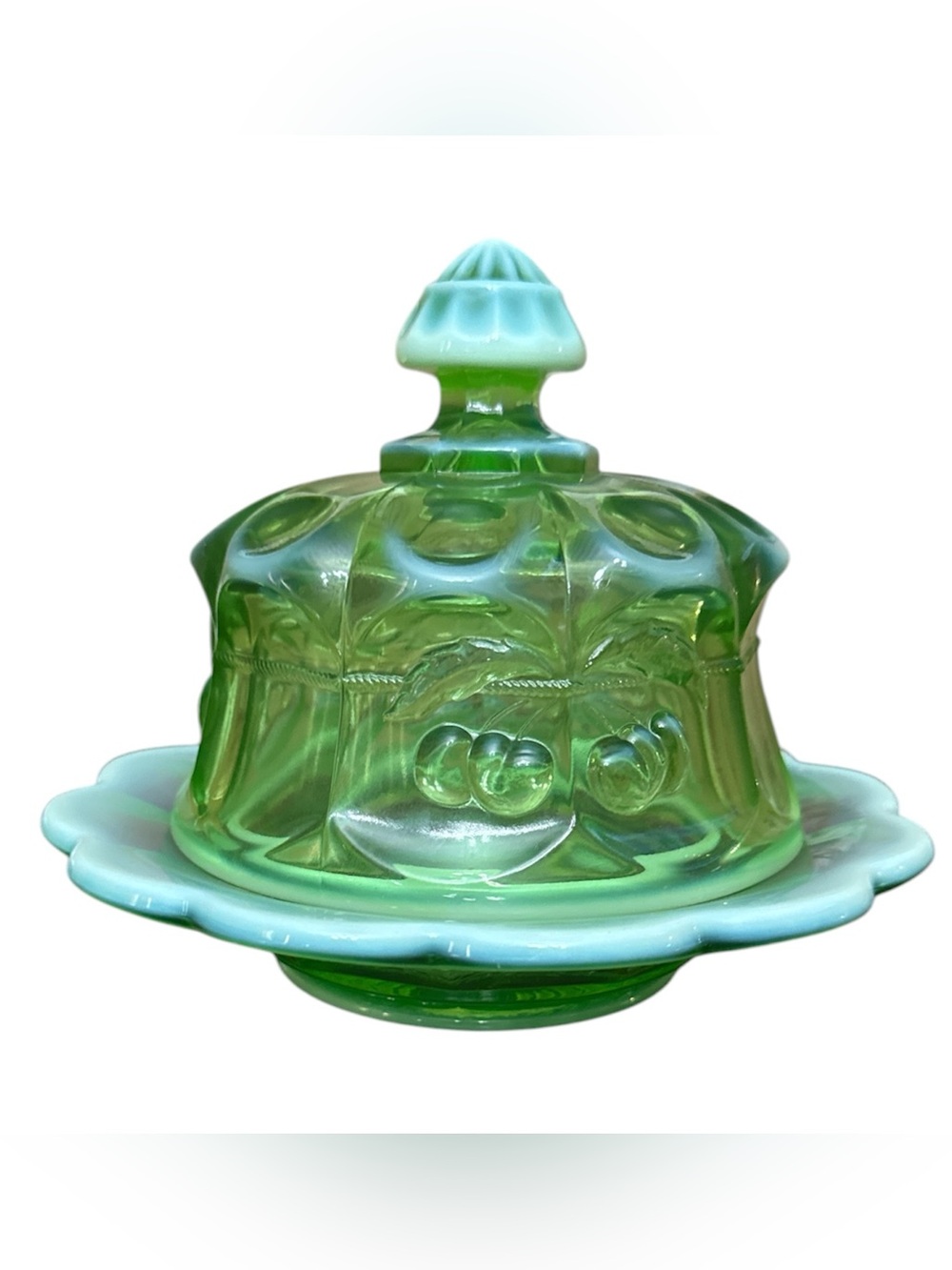 Mosser Glass Cherry Print Vintage Green Glass Covered Butter Dish - Picture 9 of 11